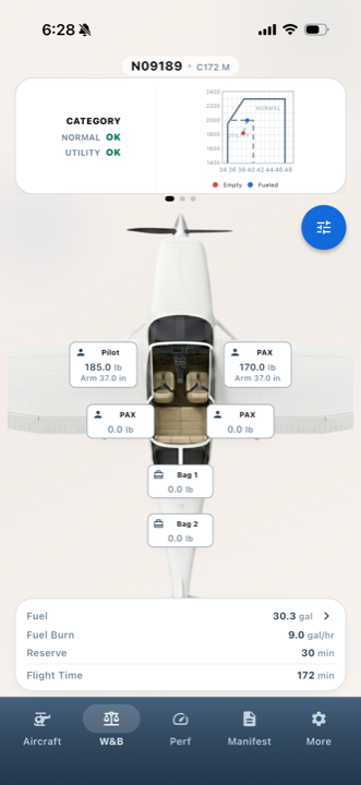 Weight and balance with live CG graph