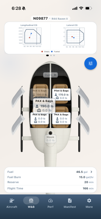 Flight Token weight and balance with CG envelopes and interactive helicopter loading